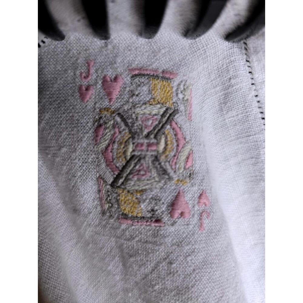 Vintage Hand Embroidered Bridge Poker Cards Linen Tablecloth and Napkins Set 60s
